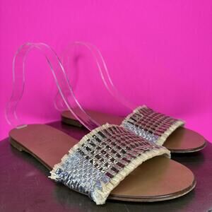 J.Crew Metallic Silver Bronze Pewter Raffia Flat Slide Sandal US 8.5